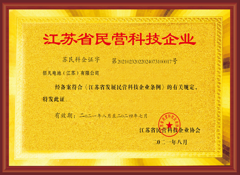 佰凡电池（江苏）有限公司获评“江苏省民营科技企业”(图1)